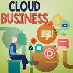 Poster - Word writing text Cloud Business. Business photo showcasing internetbased delivery of services made available to users Man Sitting Down with Laptop on his Lap and SEO Driver Icons on Blank Space