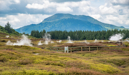 Wall Mural - The scenery view of steaming vents in the lunar landscape of Crater of the moon in Taupo, New Zealand. Craters of the Moon is a geothermal walkway with Lunar Landscapes.