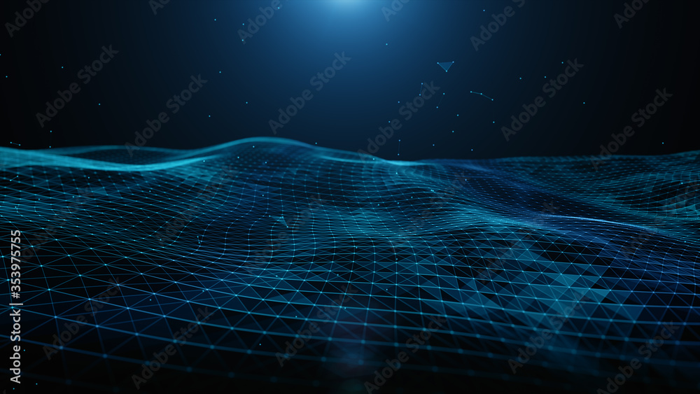 Abstract blue digital particles, lines and dots connection wave flow ...