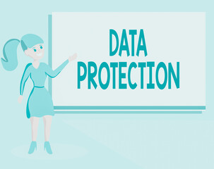 Poster - Word writing text Data Protection. Business photo showcasing safeguarding information away from a possible data breach Wo analysis Standing Talking Hand Presenting Audio Visual Projector Screen
