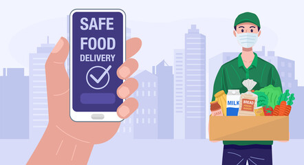 Wall Mural - Hand holding smartphone with food delivery app. Vector