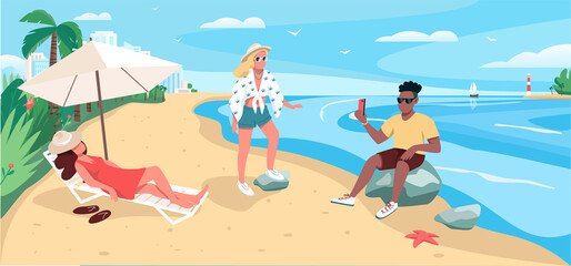 Poster - Friends relaxing at sandy beach flat color vector illustration