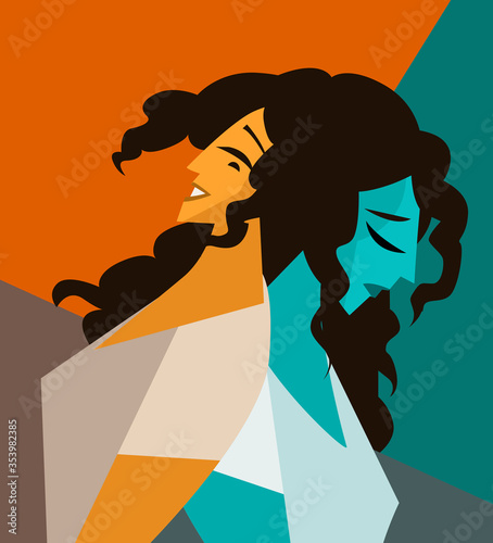 Fotomural split face double personality bipolar sad and happy woman
