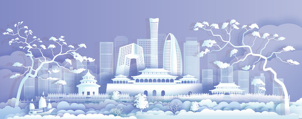 Wall Mural - Travel Asia landmarks cityscape of beijing on purple background.