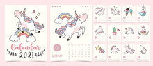 Doodle Pastel Calendar Set 2021 With Unicorn,rainbow,ice Cream For Children.Can Be Used For Printable Graphic
