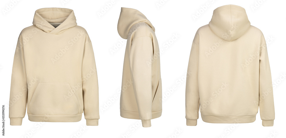 Beige hoodie template. Hoodie sweatshirt long sleeve with clipping path, hoody for design mockup for print, isolated on white background. - obrazy, fototapety, plakaty 