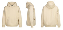 Beige Hoodie Template. Hoodie Sweatshirt Long Sleeve With Clipping Path, Hoody For Design Mockup For Print, Isolated On White Background.