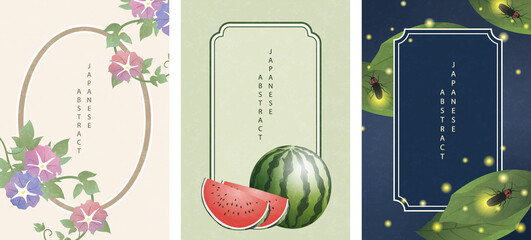 Wall Mural - oriental japanese style abstract pattern background frame design summer nature objects morning glory