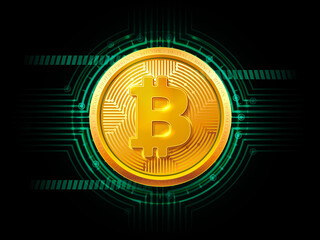 Poster - abstract technology hud bitcoin symbol. golden bitcoin coin on dark background. virtual money digita
