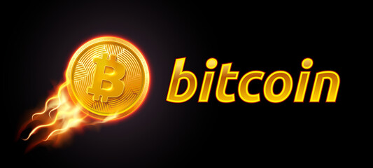 Poster - abstract technology bitcoin symbol. golden bitcoin coin on dark background in orange and yellow flam