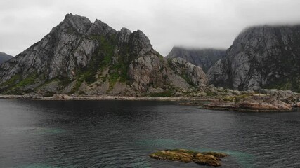 Poster - Fjord landscape. Lofoten islands in North Norway near Henningsvaer village. Hazy rainy day, overcast weather