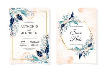 wedding invitation card with feather and blue leaves watercolor