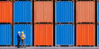 Panoramic of smart creative foreman and engineer woman control loading containers box from cargo freight ship for import export. Logistic, transportation, import and export concept. With copy space.