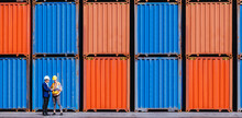 Panoramic Of Smart Creative Foreman And Engineer Woman Control Loading Containers Box From Cargo Freight Ship For Import Export. Logistic, Transportation, Import And Export Concept. With Copy Space.