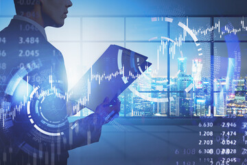 Poster - Man with clipboard in night office, HUD graph