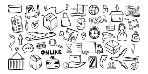 Logistic shipping freight service supply hand drawn doodle icons set isolated vector illustration on white background