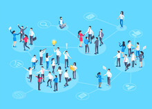 Isometric Vector Image On A Blue Background, People In Business Suits Are Grouped Into Different Groups In Contact With Each Other, Social Groups