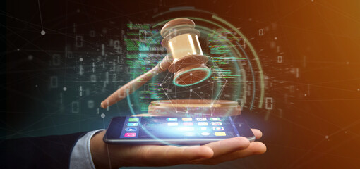 Poster - Businessman holding a Justice hammer and data - 3d rendering