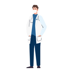 Poster - doctor using face mask during covid 19 on white background vector illustration design