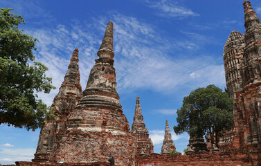 Pagodas on blue sky background in the Chaiwatthanaram (Prosperity of victory) Temple Ayutthaya, Thailand.