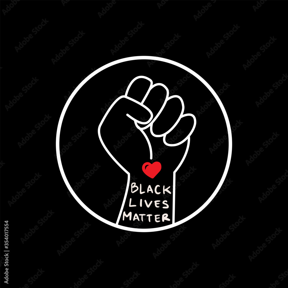 Hand symbol with heart and text black lives matter protest in USA to stop violence to black people. Fight for human right of Black People in U.S. America. Flat style vector - obrazy, fototapety, plakaty 