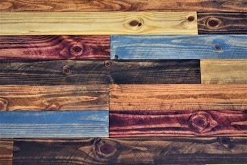 Colorful brown and blue antique vintage plywood lumber plank decor sample for interior home texture wallpaper backdrop design