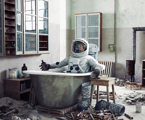 astronaut resting at home in the bath