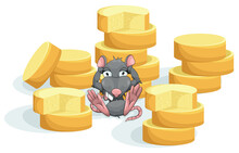 Image Of A Mouse Sitting Among Piles Of Cheese Heads On A White Background. Concept