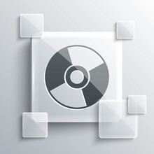 Grey CD or DVD disk icon isolated on grey background. Compact disc sign. Square glass panels. Vector Illustration.