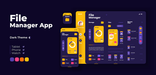 Canvas Print - File management app screen vector adaptive design template. Application night mode interface with flat illustrations. Memory cleaner and gadget browser smartphone, tablet, smart watch cartoon UI