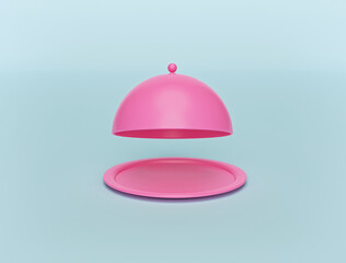 Poster - minimal pink opened restaurant cloche isolated on pastel blue background. Food serving tray. lunch time concept. 3d rendering