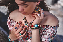Gorgeous Stylish Boho Chic Woman. Fashionable Indian Hippie Gypsy Bohemian Outfit With Jewelry Accessories Details