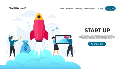 Poster - Start up landing page. Trendy entrepreneur characters starting project, successful strategy concept. Vector illustrations designing template web companies product launch
