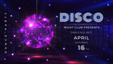 Disco party poster. Dance and music night party flyer with 80s disco ball and light effects. Vector illustration invite on glamour celebration with mirror sphere banner