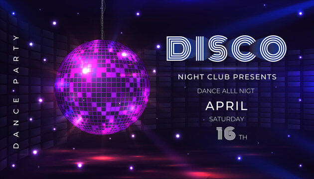 Wall Mural - Disco party poster. Dance and music night party flyer with 80s disco ball and light effects. Vector illustration invite on glamour celebration with mirror sphere banner