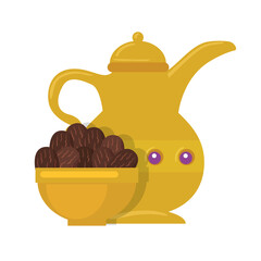 Wall Mural - golden arabian teapot , plate with dates fruit, arabic culture heritage on white background vector illustration design