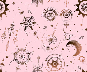 Sticker - Mystic, magic, background. Religion and the occultism with esoteric and masonic symbols. Medieval manuscript inspired. Vector seamless pattern in retro style. Repeating Trendy stylish texture.