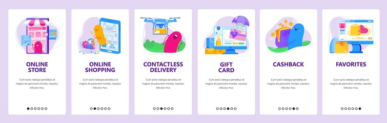 Aufkleber - Online shopping and ecommerce technology. Online store concept icons set. Mobile app screens. Vector banner template for website and mobile development. Web site design illustration. Drone delivery