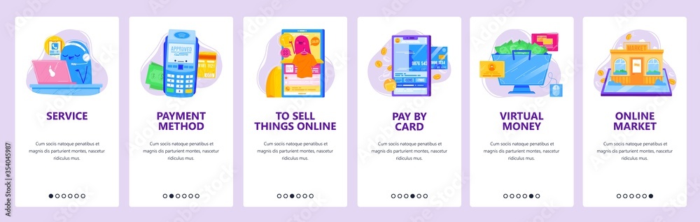 Online shopping concept icon set. Support by phone, pos terminal, pay by credit card. Mobile app screens. Vector banner template for website and mobile development. Web site design illustration - obrazy, fototapety, plakaty 