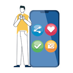 Sticker - man and smartphone with social media icons, concept of online communication on white background vector illustration design