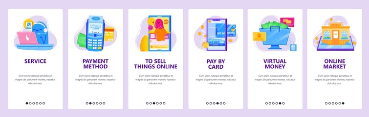 Poster - online shopping concept icon set. support by phone, pos terminal, pay by credit card. mobile app scr