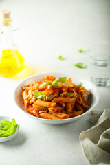 Canvas Print - Pasta with chicken, tomato and fresh basil