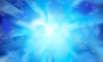 Poster - Blue background. Bright light breaks through in the middle. Abstract background similar to the sky. Concept - sunlight. Lot of rhombuses on a signal background. Texture. Bright light in the sky