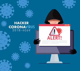 Poster - hacker and laptop with danger warning sign during covid 19 pandemic vector illustration design