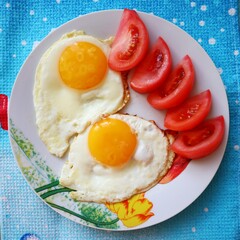 Breakfast food fried eggs with tomatoes on a plate