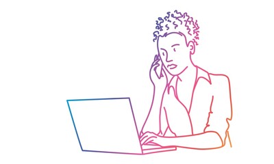 Sticker - Girl using laptop and and talking on the phone. Rainbow colors in linear vector illustration.