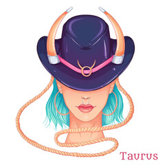 Zodiac. Vector illustration of the astrological sign of Taurus as a beautiful fashion girl in hat. Sign in hand drawn style isolated on white background. Fashion glamour woman