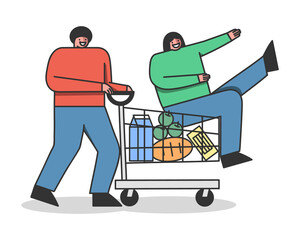 Wall Mural - Cartoon man riding woman in supermarket shopping cart. Happy couple buying grocery products