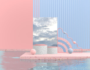Poster - 3D rendering abstract display product. Minimal podium in middle of the water, pool with geometric shapes cloud background. Pastel pink blue showcase. Bright unusual template booklet, banner, cover.