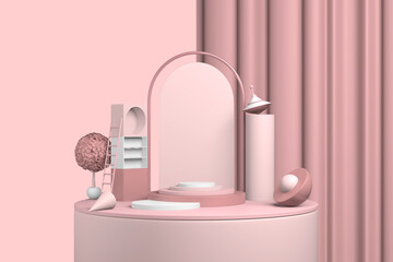 Poster - 3D rendering abstract display product pastel coral background. Geometric scene, pedestal showcase with arch and copy space. Luxury light clean design template. Web store layout